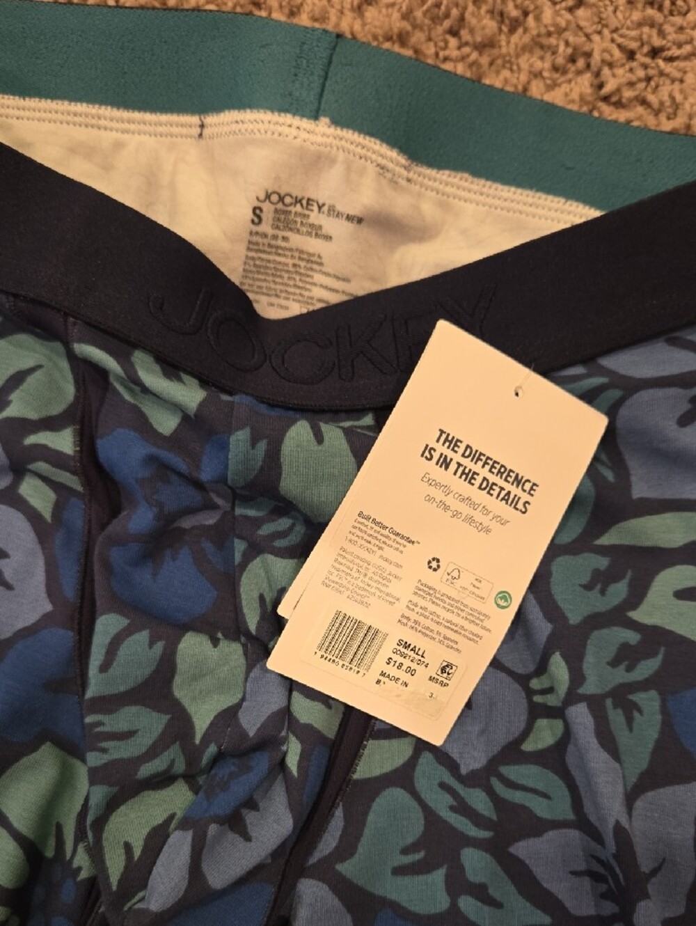 Jockey Men’s Blue Floral Boxer Briefs with Dark Trim - Picture 3 of 3
